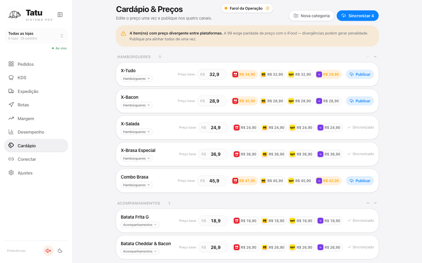 Tela de cardápio e preços por plataforma do Tatu